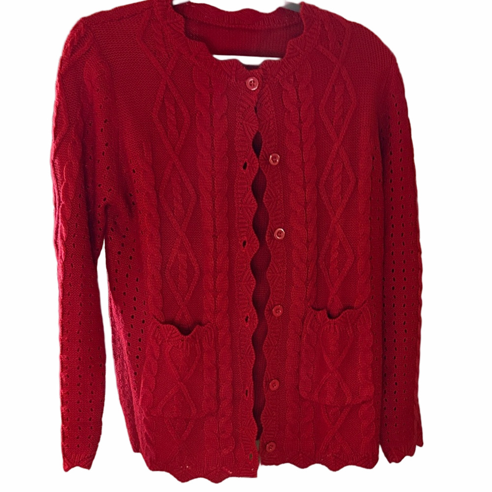 New cute red cableknit cardigan  from Temu never worn. 
100% acrylic.